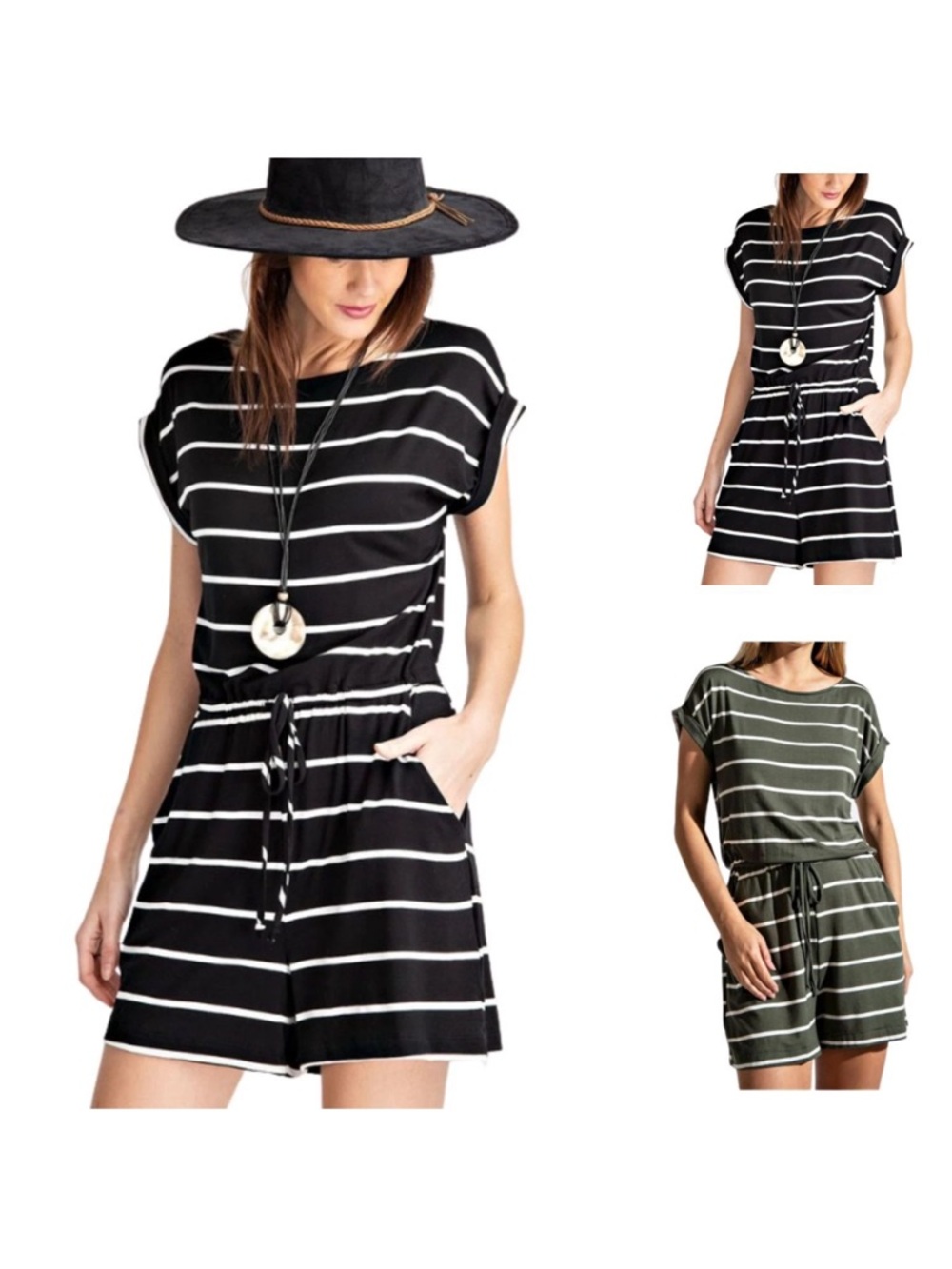 Rae Mode Womens Keyhole Back Short Sleeve Striped Romper Jumpsuit navy/ivory